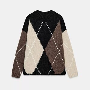 Zara Argyle Patterned Sweater - Black, Brown, Cream
